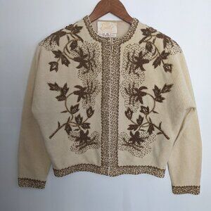 Vintage 1940s Hand Beaded Lambs Wool and Angora Cardigan Sweater